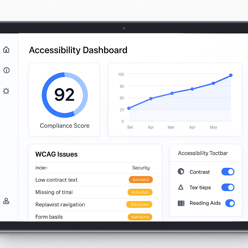 accessible.ai dashboard showing a compliance score of 92, a rising score trend chart, and a list of prioritized WCAG issues